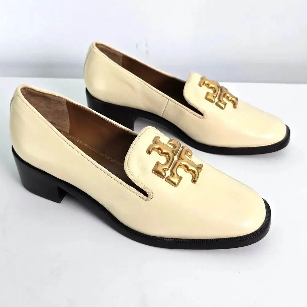 Tory Burch Eleanor Heeled Loafers Cream Leather Brass Logo Size 7M